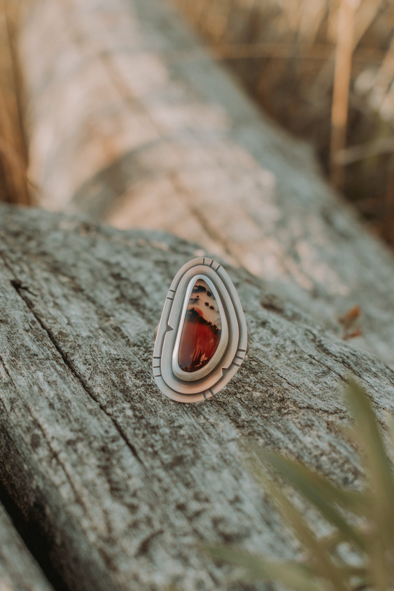 Sunset Mountain Montana Agate Statement Ring - Size 9.5 - Third Hand Silversmith LLC handmade jewelry, Bozeman, Montana