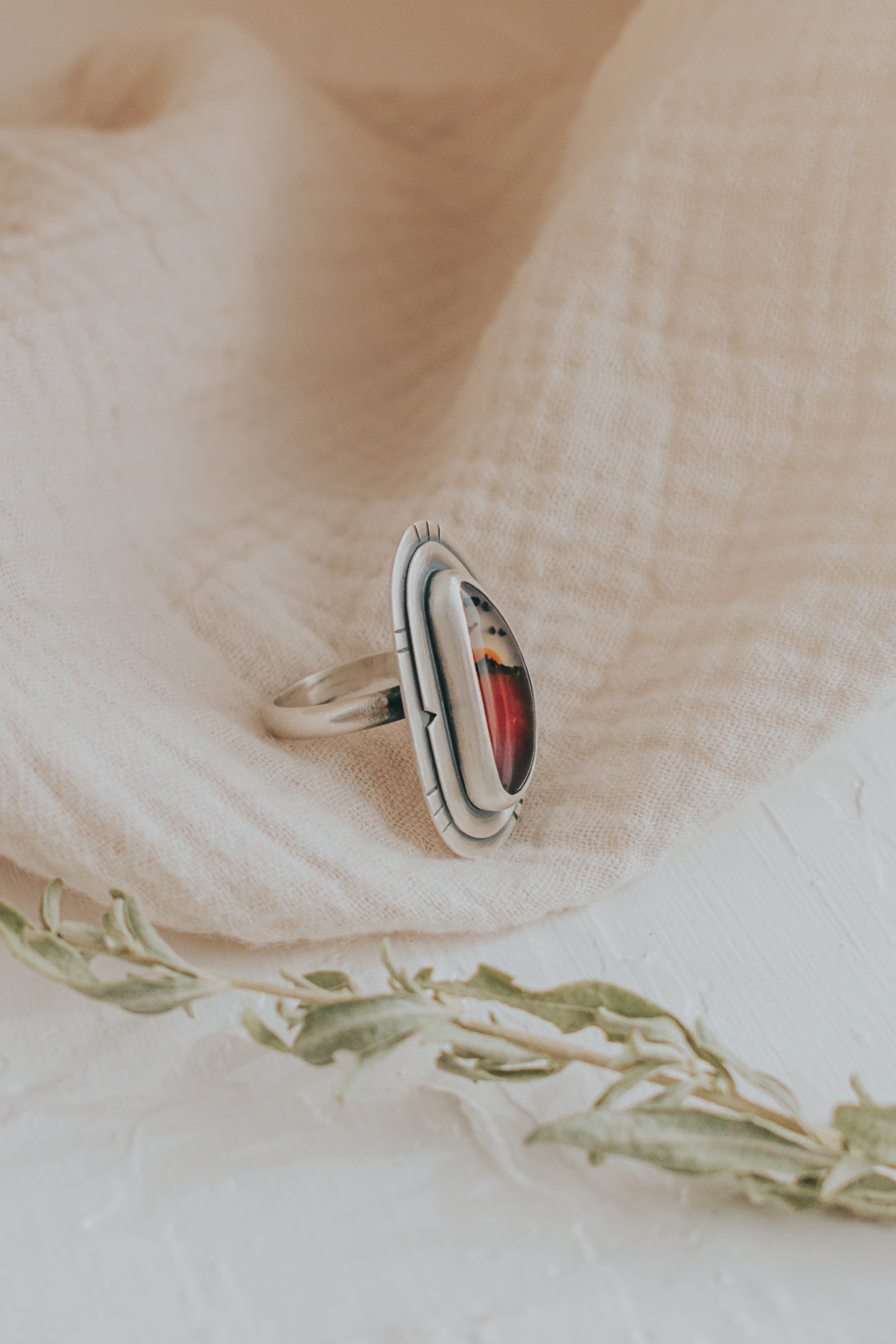 Sunset Mountain Montana Agate Statement Ring - Size 9.5 - Third Hand Silversmith LLC handmade jewelry, Bozeman, Montana