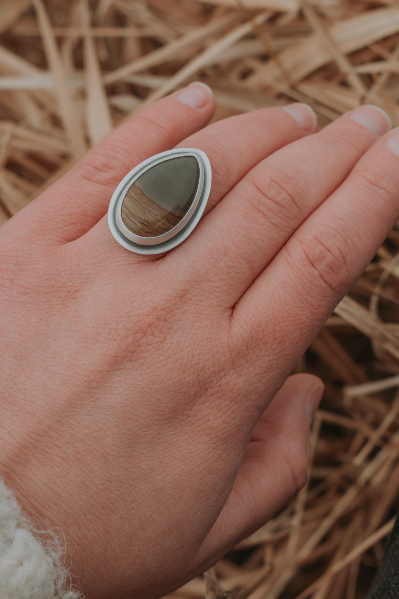 Teardrop Picture Jasper Statement Ring - Size 7.5 - Third Hand Silversmith LLC handmade jewelry, Bozeman, Montana