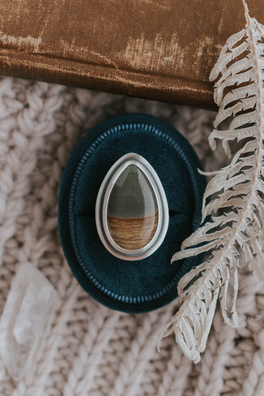 Teardrop Picture Jasper Statement Ring - Size 7.5 - Third Hand Silversmith LLC handmade jewelry, Bozeman, Montana