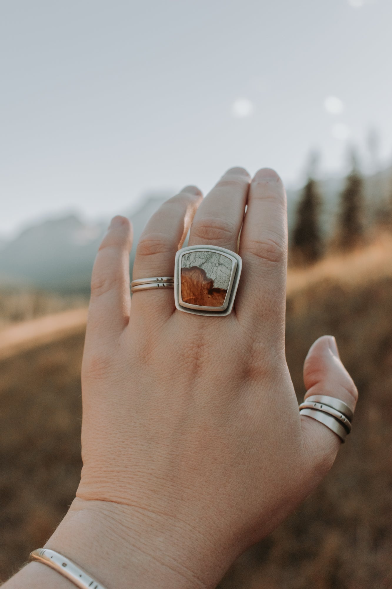 Trapezoid Picture Jasper Statement Ring - Size 9 - Third Hand Silversmith LLC handmade jewelry, Bozeman, Montana