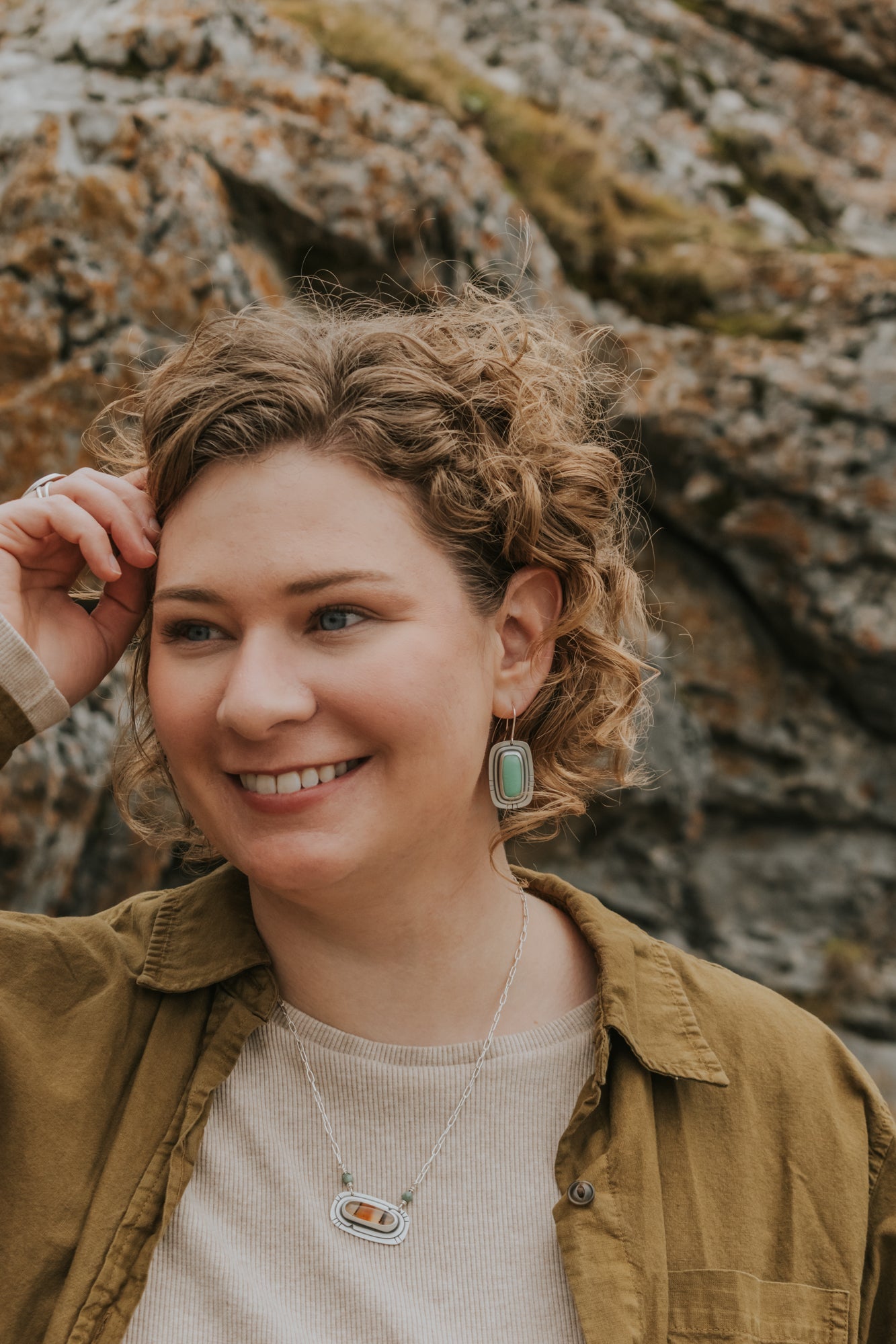 Variscite Statement Earrings with Line Stamping - Third Hand Silversmith LLC handmade jewelry, Bozeman, Montana