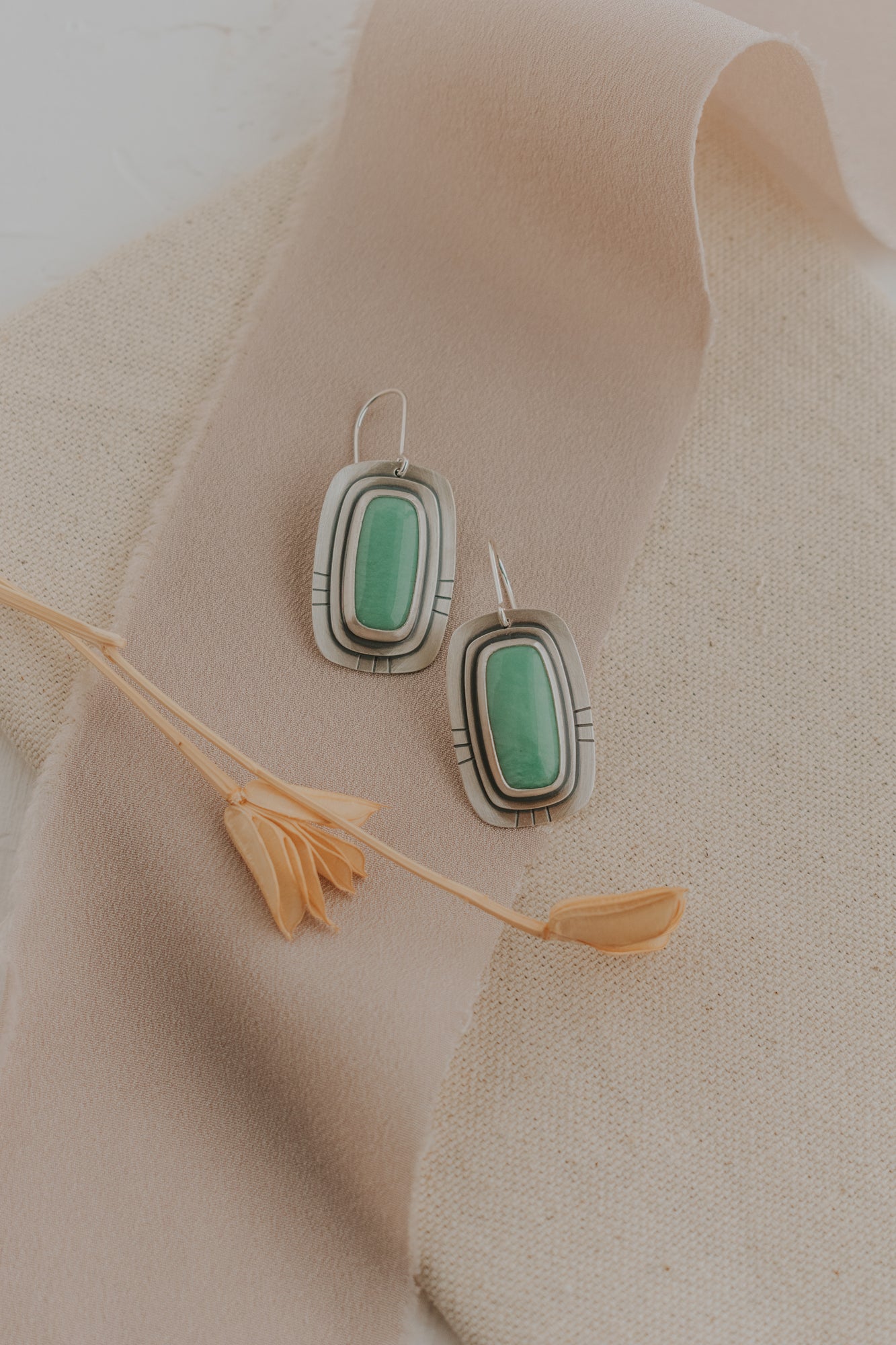 Variscite Statement Earrings with Line Stamping - Third Hand Silversmith LLC handmade jewelry, Bozeman, Montana