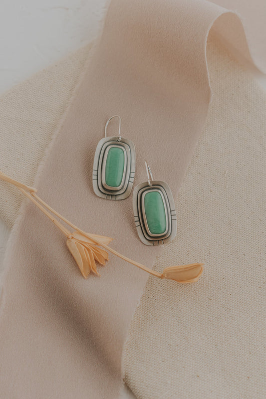 Variscite Statement Earrings with Line Stamping - Third Hand Silversmith LLC handmade jewelry, Bozeman, Montana