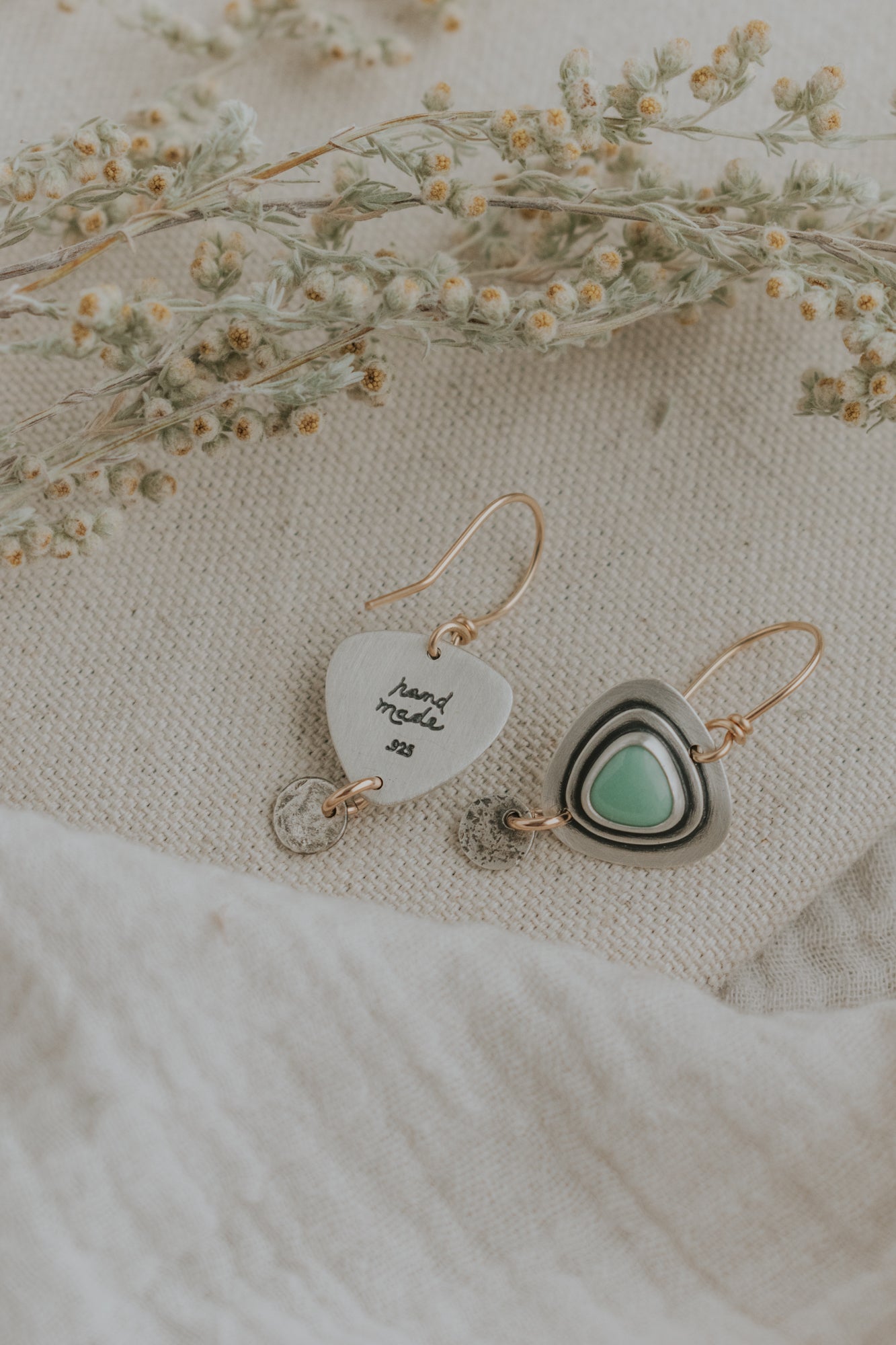 Variscite Triangles + Silver Dot Earrings with Gold-Filled Earwires - Third Hand Silversmith LLC handmade jewelry, Bozeman, Montana