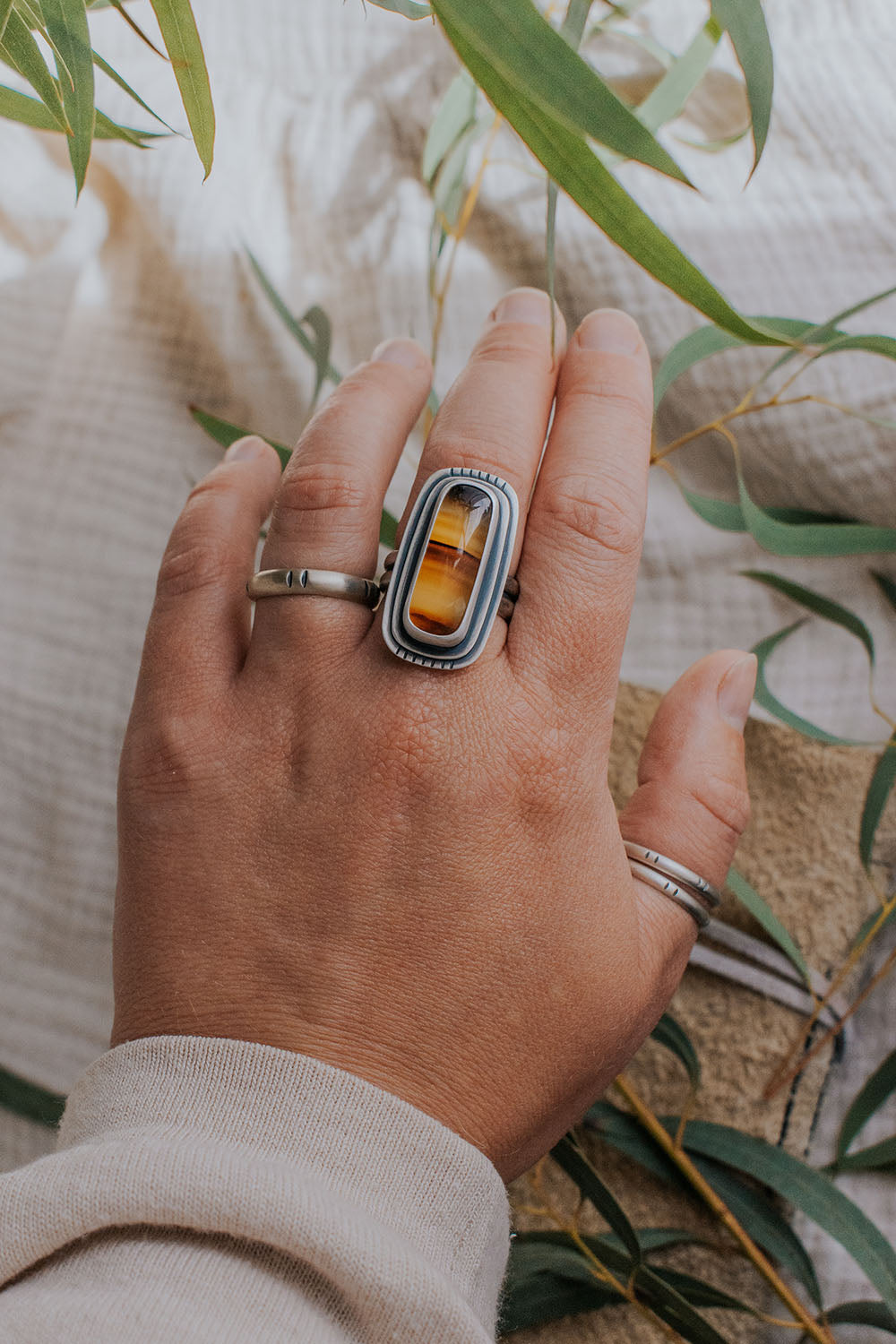 Yellow and Orange Montana Agate Ring - Size 8.5