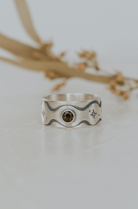 Cosmic Goddess Ring with Tube-Set Olive Tourmaline - Size 10 - Third Hand Silversmith handmade jewelry, Bozeman, Montana