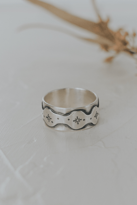 Cosmic Goddess Ring with Tube-Set Olive Tourmaline - Size 10 - Third Hand Silversmith handmade jewelry, Bozeman, Montana