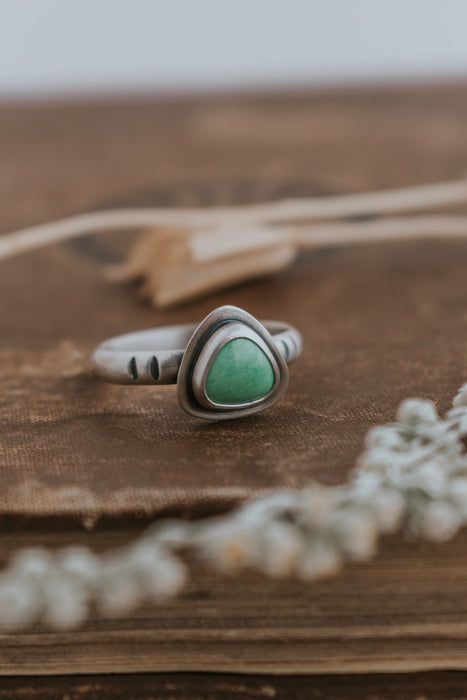 Dainty Triangle Variscite Ring - Size 8.5 - Third Hand Silversmith LLC handmade jewelry, Bozeman, Montana