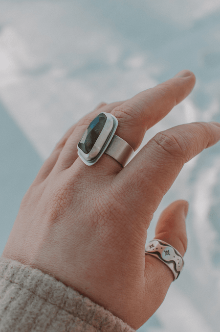 Labradorite Statement Ring with Smooth Wide Band - Size 8.5 - Third Hand Silversmith handmade jewelry, Bozeman, Montana