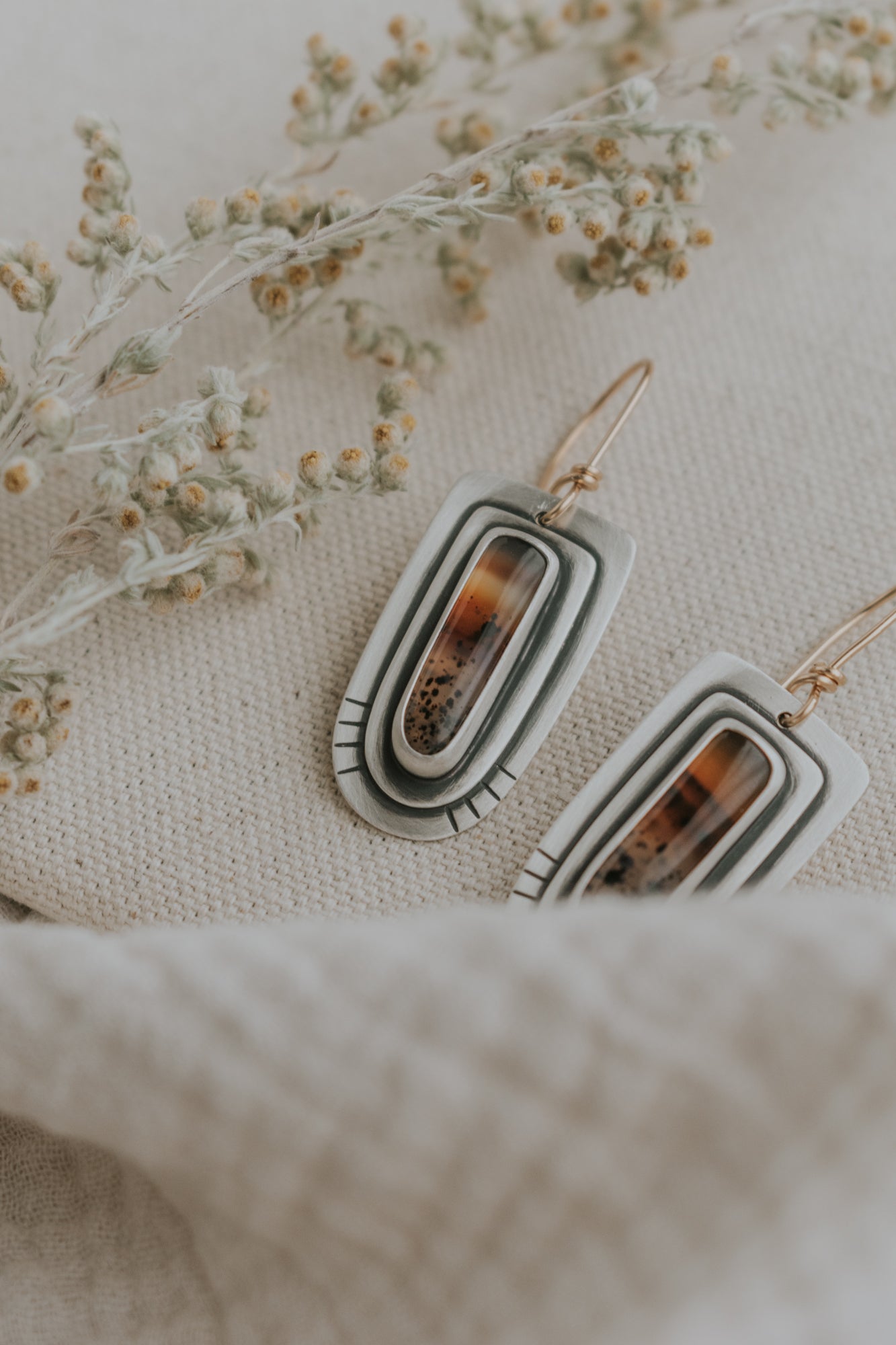 Montana Agate Statement Earrings with Gold-Filled Earwires - Third Hand Silversmith LLC handmade jewelry, Bozeman, Montana