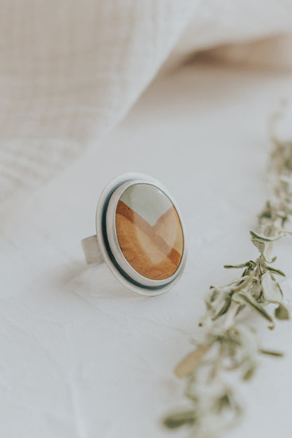 Oval Picture Jasper Statement Ring - Size 7.75 - Third Hand Silversmith LLC handmade jewelry, Bozeman, Montana