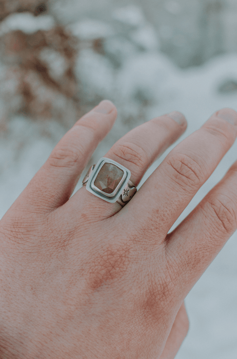 Peach Moonstone Cosmic Goddess Ring - Size 7 - Third Hand Silversmith handmade jewelry, Bozeman, Montana