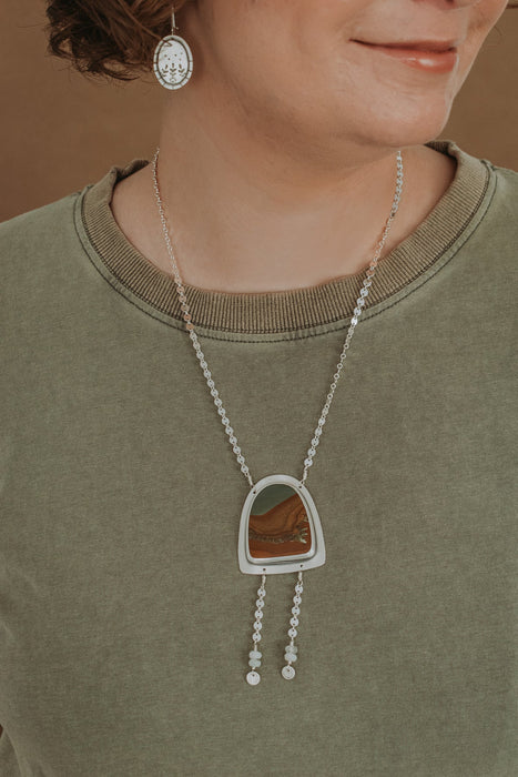 Picture Jasper Bolo Necklace with Bison Skull Cutout - Third Hand Silversmith handmade jewelry, Bozeman, Montana
