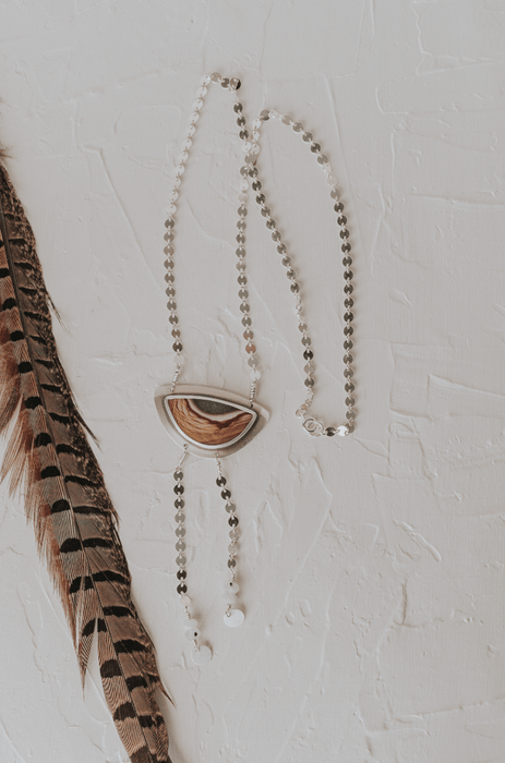 Picture Jasper Bolo Necklace with Moonstone Beads - Third Hand Silversmith handmade jewelry, Bozeman, Montana