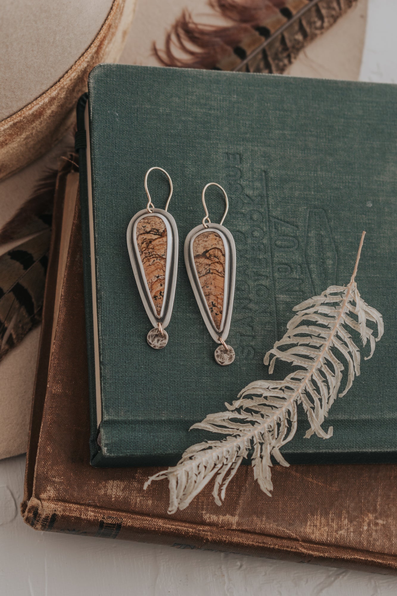 Picture Jasper + Silver Dot Statement Earrings with Gold-Fill Accents - Third Hand Silversmith LLC handmade jewelry, Bozeman, Montana