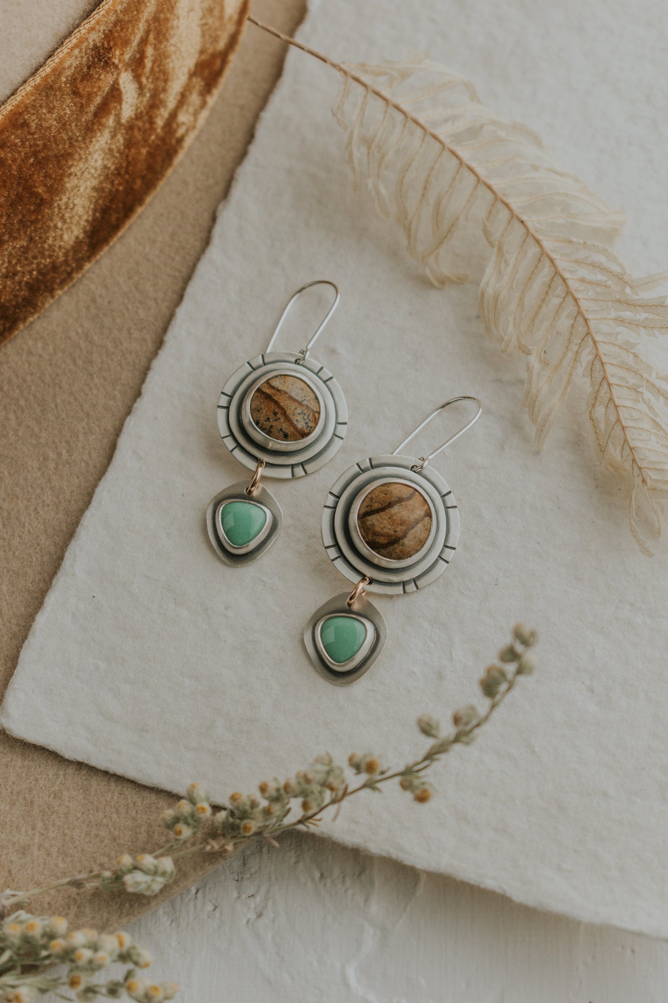 Picture Jasper + Variscite Statement Earrings - Third Hand Silversmith LLC handmade jewelry, Bozeman, Montana