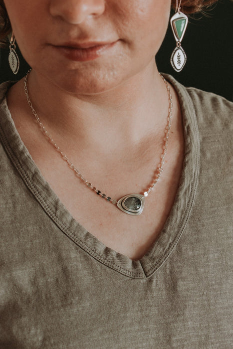 Rutilated Quartz Necklace with Sequin Accent Chain - Third Hand Silversmith handmade jewelry, Bozeman, Montana