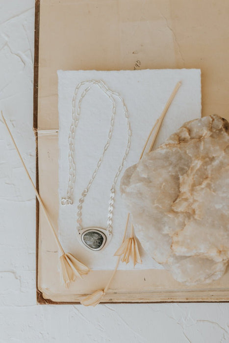 Rutilated Quartz Necklace with Sequin Accent Chain - Third Hand Silversmith handmade jewelry, Bozeman, Montana