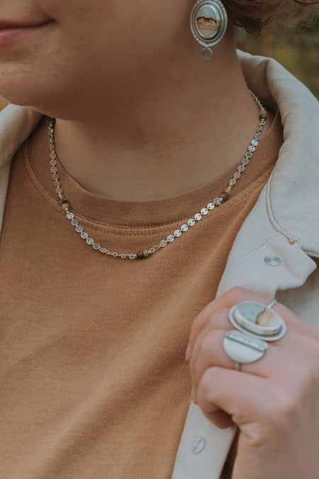 Silver Sequin Chain with Turquoise + Sunstone Beads - Style A - Third Hand Silversmith LLC handmade jewelry, Bozeman, Montana