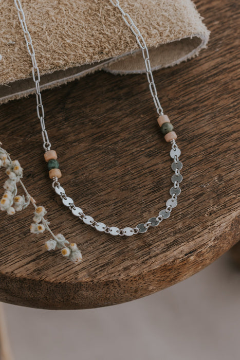 Silver Sequin Chain with Turquoise + Sunstone Beads - Style B - Third Hand Silversmith LLC handmade jewelry, Bozeman, Montana