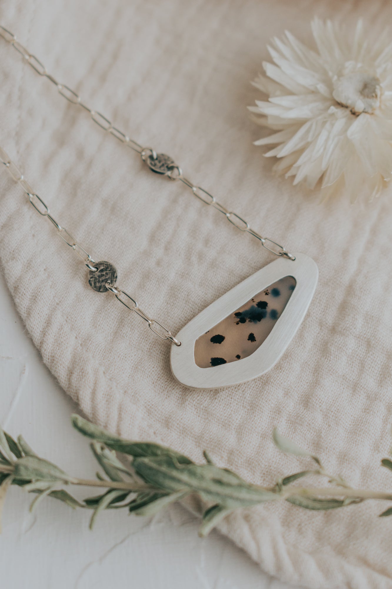 Speckled Montana Agate + Silver Dots Necklace - Third Hand Silversmith LLC handmade jewelry, Bozeman, Montana