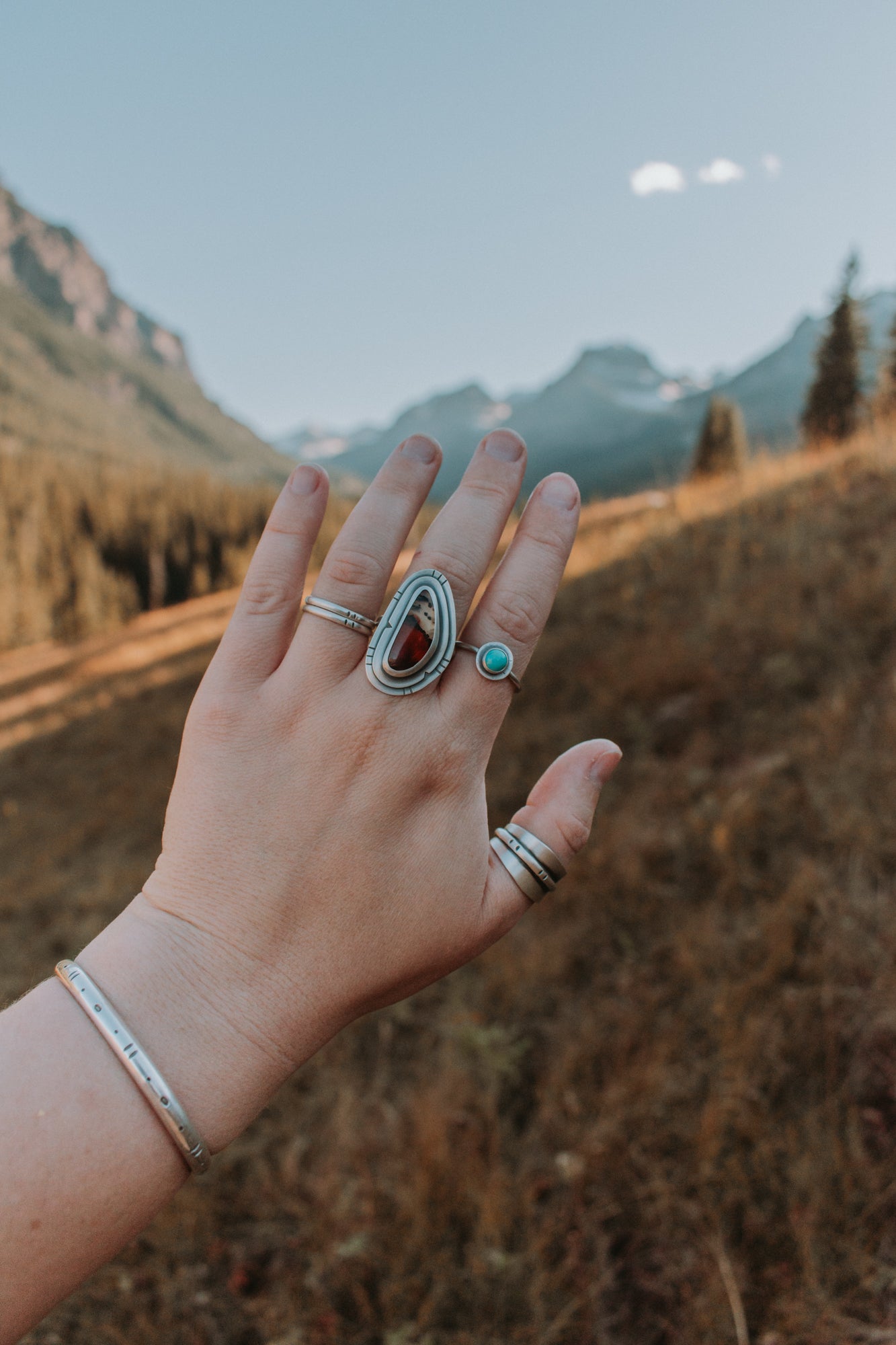 Sunset Mountain Montana Agate Statement Ring - Size 9.5 - Third Hand Silversmith LLC handmade jewelry, Bozeman, Montana