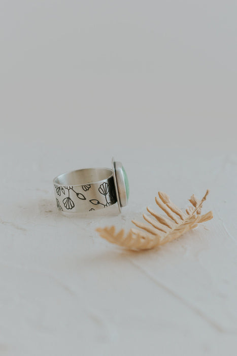 Variscite Flower Band Statement Ring - Size 8.5 - Third Hand Silversmith handmade jewelry, Bozeman, Montana