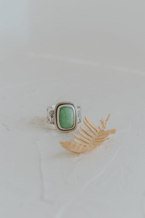 Variscite Flower Band Statement Ring - Size 8.5 - Third Hand Silversmith handmade jewelry, Bozeman, Montana