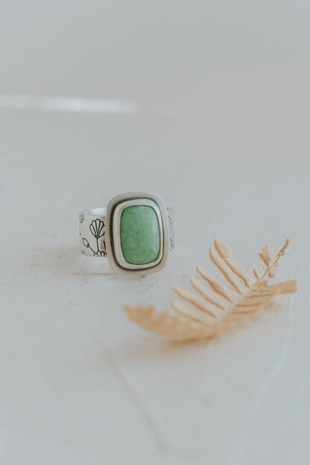 Variscite Flower Band Statement Ring - Size 8.5 - Third Hand Silversmith handmade jewelry, Bozeman, Montana